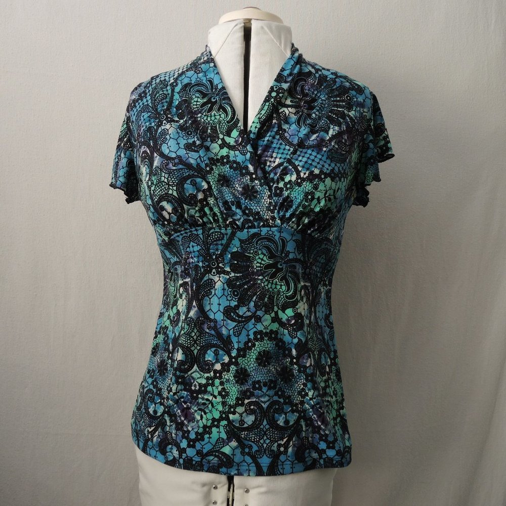 4/$25 Vintage V-Neck Blouse Jewel Tones with Black Floral Paisley Print